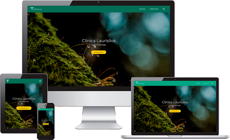 Miniaturas en diferentes formatos deDesarrollo integral de front y back de la web de la clínica Laurisilva, en Las Palmas de GC. Un proyecto completo que incluye profesionales, servicios y blog, entre otros.